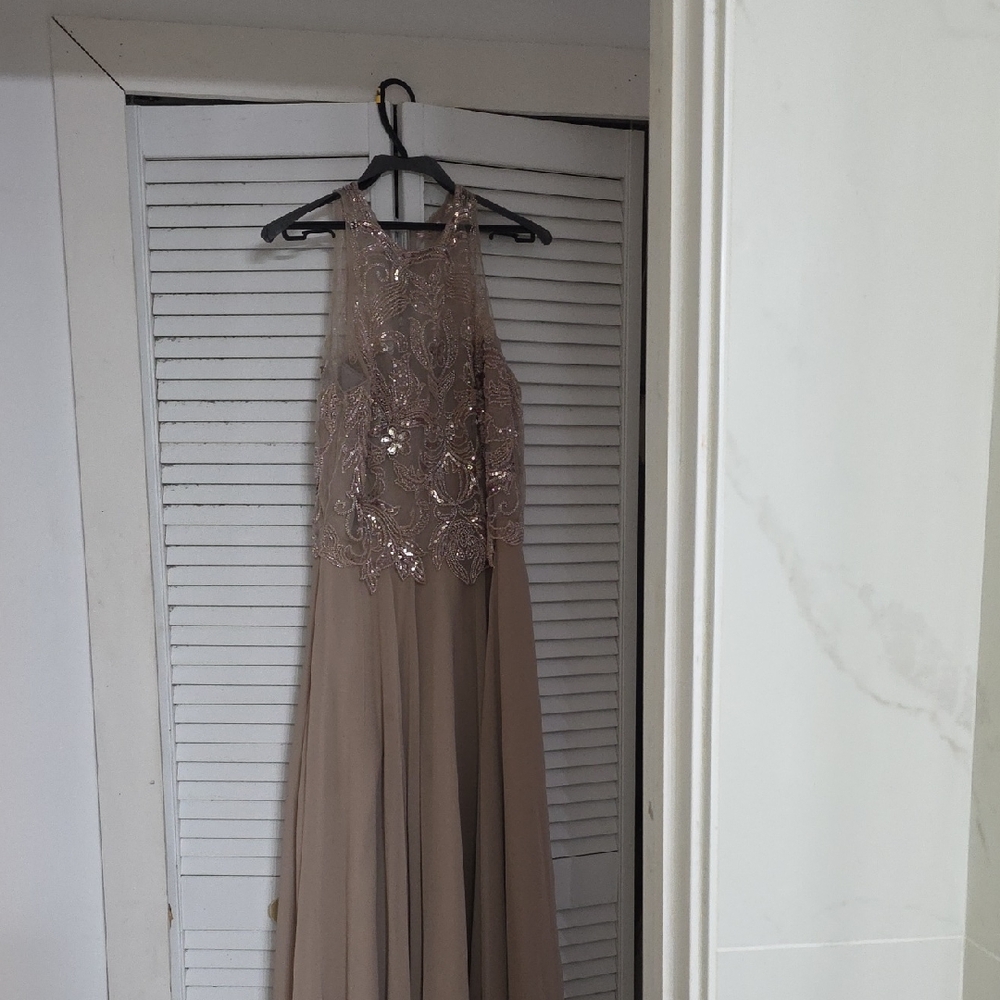 Xscape Beaded Bodice Maxi Dress in Tan